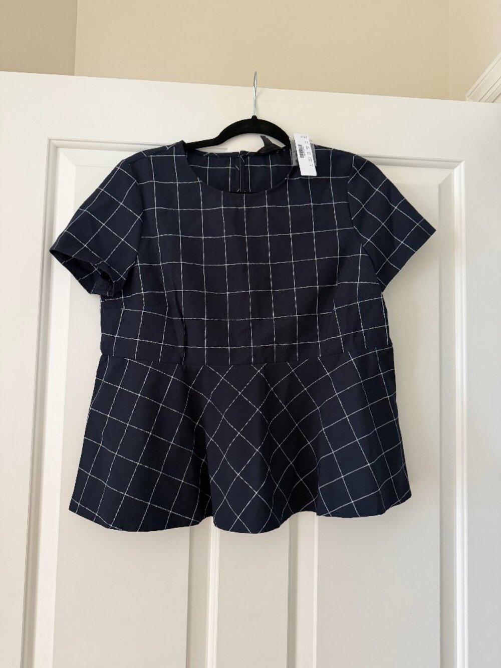 NWT Small J Crew Windowpane Grid Pattern Blue and White Peplum Top